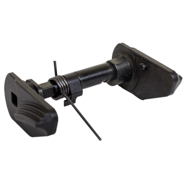 The P-01 OMEGA DECOCKING LEVER SET includes a black mechanical component featuring a central cylindrical shaft with flat, rectangular plates on each end. It has an OMEGA coiled wire spring attached to the shaft, along with a thin, curved wire extending fr