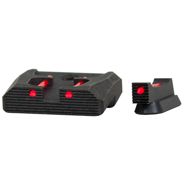 A close-up of the FIBER OPTIC SIGHTS P-07/P-09 #4 1.0 x 6.0mm shows two black sights with red fiber-optic inserts, perfect for P-07 or P-09 models. The larger rear sight showcases two horizontal red dots, while the smaller front sight features a single ve