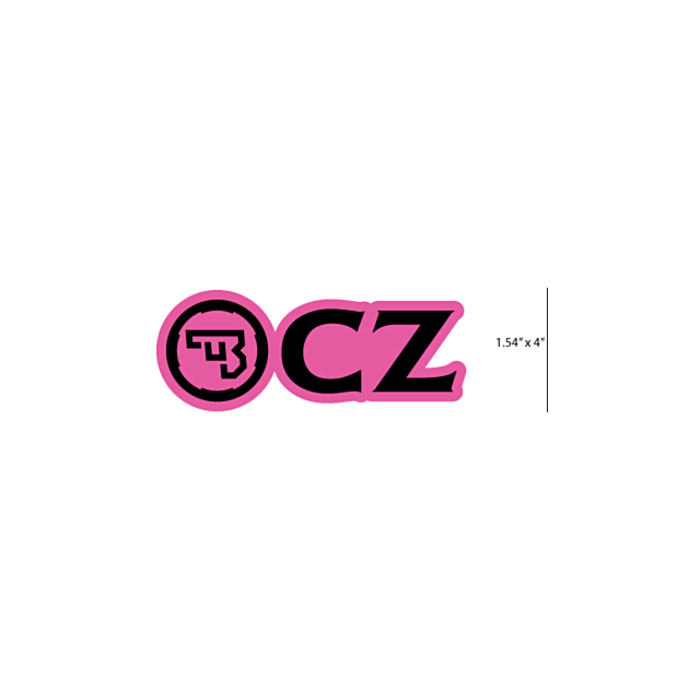 The CZ LOGO 4" DIE CUT STICKER PINK showcases the letters "CZ" in black outlined in pink, accompanied by a circular emblem on the left that resembles a stylized firearm. The dimensions are specified as "1.54” x 4”" on the right.