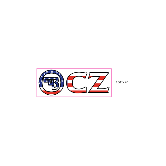 Logo depicting a circular emblem with a stylized "T" and "B" inside, surrounded by stars on a blue background, is featured next to the letters "CZ" in bold red, white, and blue stripes. The dimensions are marked as 1.51" x 4". Product name: CZ LOGO 4" REC