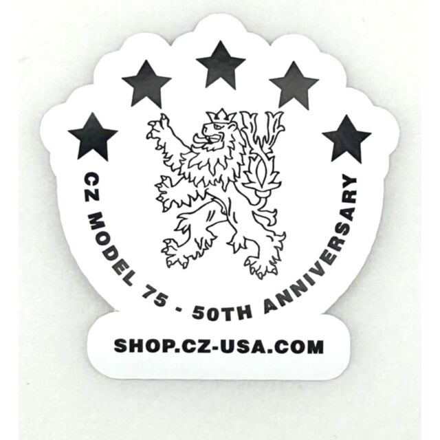 The 3-inch CZ 75 50th Anniversary Sticker showcases a stylized lion with four stars above, surrounded by "CZ Model 75 - 50th Anniversary" text, and "SHOP.CZ-USA.COM" at the bottom on a white background.