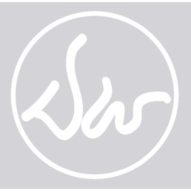 A white, abstract squiggle resembling a signature is enclosed in a white circle on a light gray background—perfect for DAN WESSON fans. Get the DAN WESSON 4" DIE CUT LOGO STICKER, WHITE!.