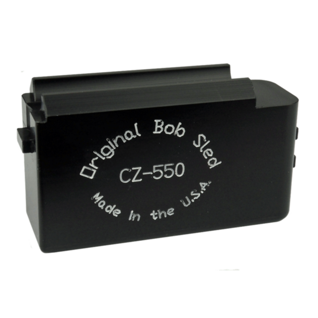 Black metal magazine featuring the text "Original BOB SLED 550 .308 Made in the U.S.A." engraved in white on its side.