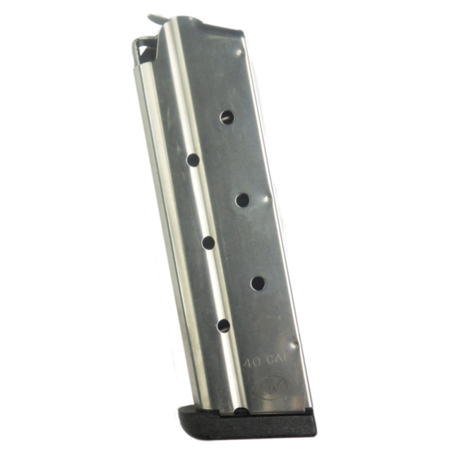 The D.W 1911 .40 S&W magazine is a silver magazine featuring six side holes and a black base, designed for compatibility with D.W 1911 pistols and marked with ".40 CAL" near the bottom.