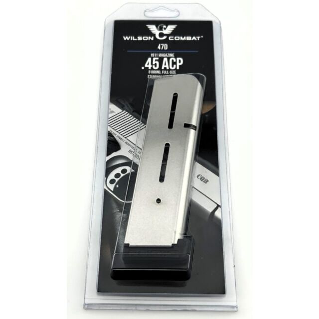 Packaging of a REPLACEMENT 1911 .45 ACP magazine by Wilson, featuring 8 rounds and a full-size stainless design. The package highlights the magazine against an image of a 1911 handgun.