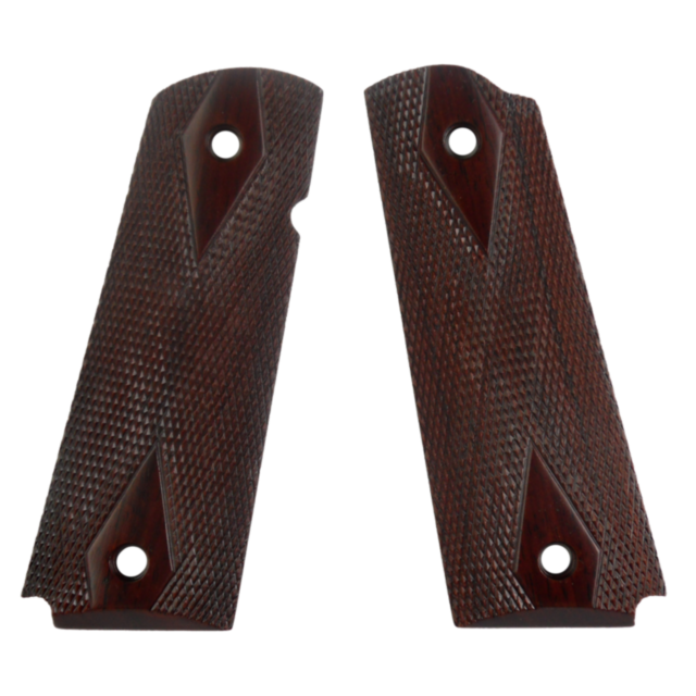 The DW COCOBOLO GRIPS 1911 are a pair of dark brown, textured grips made for a 1911 firearm. These grips feature diamond-shaped patterns and include screw holes at each end. Placed side by side against a white background, they provide both functionality a