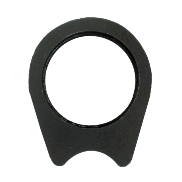 A black metal ring made from carbon steel designed for securing components of an AR-15-style rifle. Similar to a barrel bushing, it features a flat side and lock nut-style cutout, with a rounded top and notched bottom. The surface is matte with a slightly
