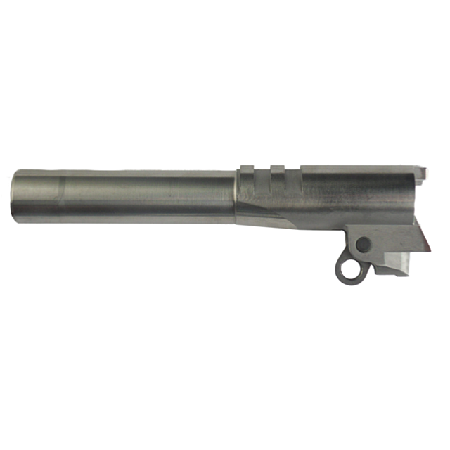 A DW BARREL, 40 S&W, MATCH GRADE, 4 1/4" in silver metal featuring a smooth cylindrical design with a small ring attachment on one end is displayed against a plain white background.