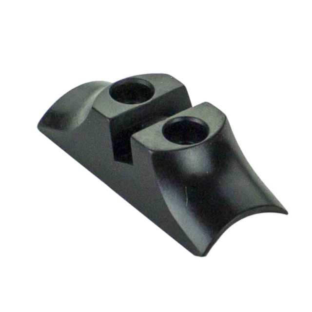 The REAR SIGHT BASE 557 is a sleek, black angular metal bracket featuring two cylindrical holes and a smooth, shiny surface, perfect for securely mounting or connecting objects.