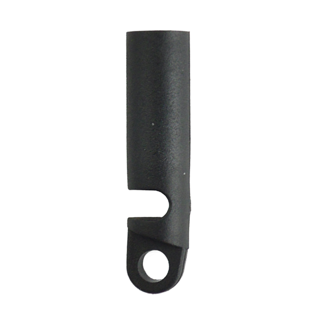 A MAIN SPRING PLUG W/ LOOP P-07 is a black, cylindrical tool with a smooth surface and a hooked bottom featuring a circular hole, suggesting it is designed as a functional component for attachment or integration with other parts.