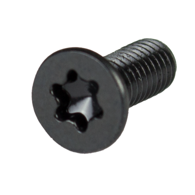 A close-up of the MAGAZINE CATCH SCREW SHADOW 2, featuring a star-shaped, six-pointed head, casts a subtle shadow against the white background. The threading along its shaft adds depth as it lies elegantly on its side.