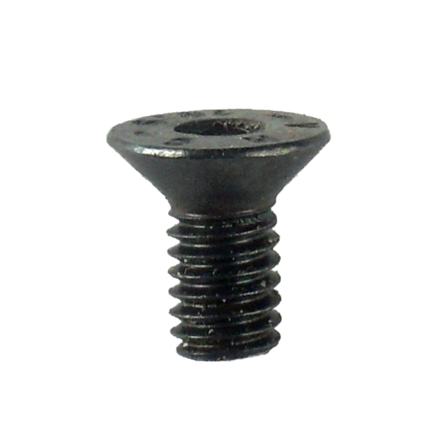 A detailed close-up of the CZECHMATE OPTIC SCREW showcases its black metal finish, flat countersunk head, and precisely threaded body against a plain white background, highlighting its exceptional craftsmanship.