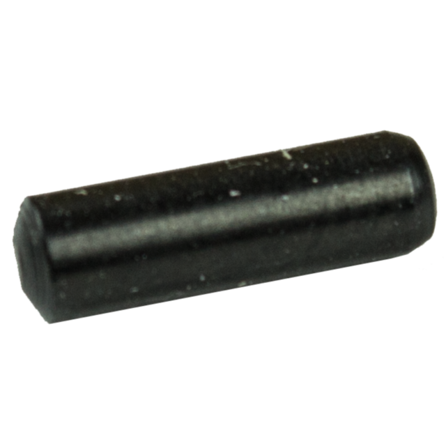 A close-up of the TRIGGER BAR PIN P-10, a small, cylindrical black pin with rounded edges. The surface appears slightly worn with tiny specks.