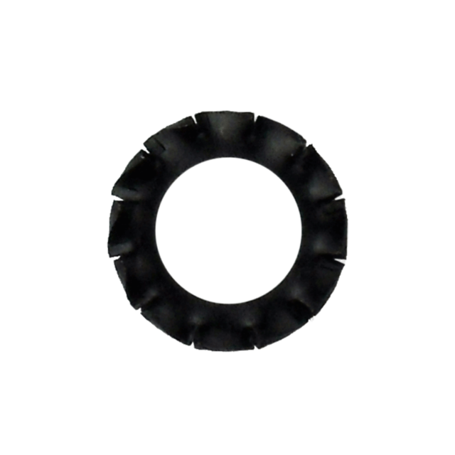 The 512 FAN SHAPED WASHER, a black circular object made from plastic and resembling a fan shape, displays a series of evenly spaced notches around its outer edge, artfully placed against a plain white background.