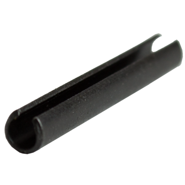 Close-up of a black cylindrical pin, known as the SCORPION EVO STOCK BUTTON PIN EVO, featuring a hollow center and a split along its length. Commonly used in mechanical applications, this spring or roll pin is ideal for securing parts together. The image