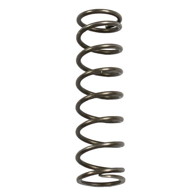 A close-up of the RECOIL SPRING OUTER RAMI highlights its helix shape and evenly spaced coils. Standing vertically against a white background, the spring's precision and metallic elegance are prominently showcased.