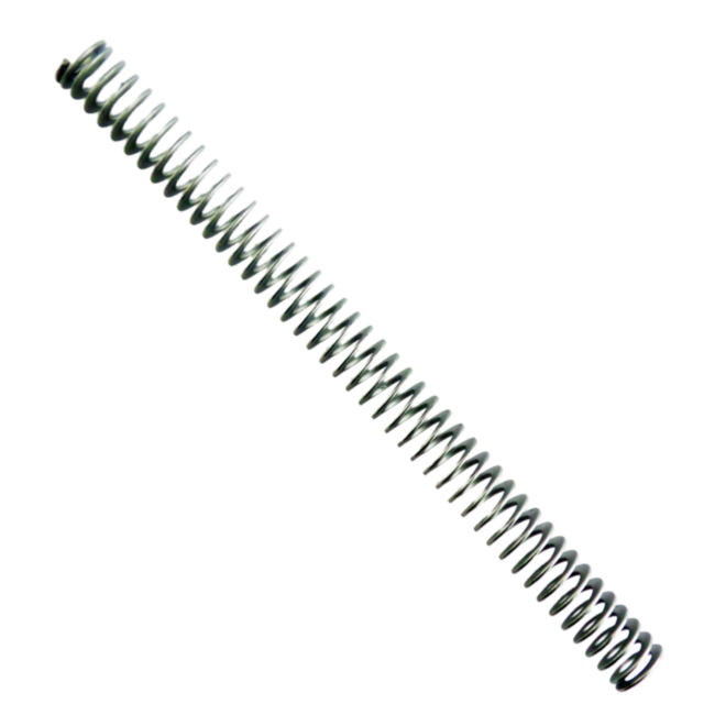 A close-up image features a beautifully coiled RECOIL SPRING SP-01 with a shiny silver finish, set against a plain white backdrop. The spring is positioned diagonally across the image, highlighting its helical structure.