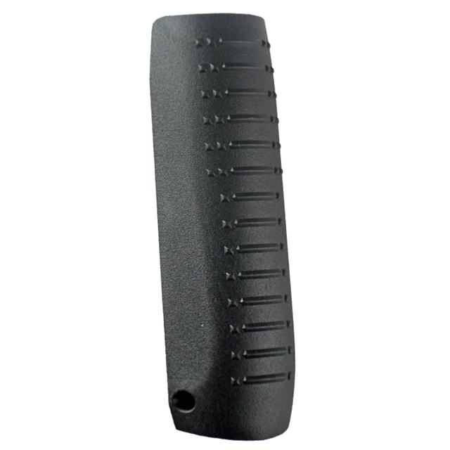 Close-up of the BACKSTRAP P-07 SIZE MEDIUM BLACK with a textured design featuring vertical grooves and its P-07 marking near the bottom edge. The slightly rough surface offers an enhanced grip for the user. The medium-sized foregrip is isolated against a