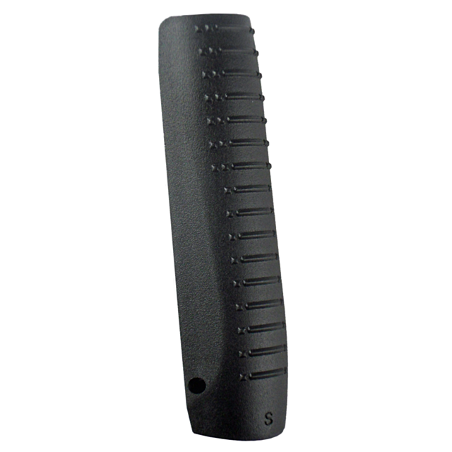 The BACKSTRAP P-09 SIZE SMALL BLACK is crafted from black textured plastic and includes an 'S' marking. It features ridges on one side and a hole near the bottom, designed to improve handling and precision for the P-09.