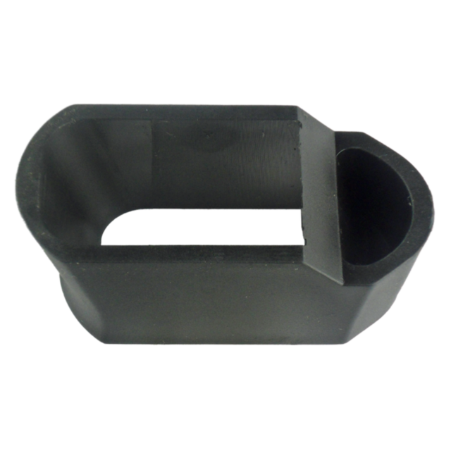 Product Description: The MAG EXTENSION SLEEVE RAMI is a matte black rectangular plastic sleeve with rounded edges. It has a hollow center and one open end that is smaller and tapered compared to the other. Its smooth surface enhances the sleek design, mak