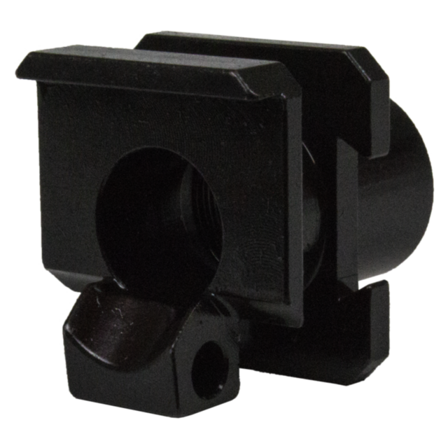 The FIXATION INSERT EVO SEMI is a black, rectangular mechanical component that features a central circular hole and an angular protrusion at the bottom. It has notches on either side and boasts a glossy finish, seamlessly blending form and function.