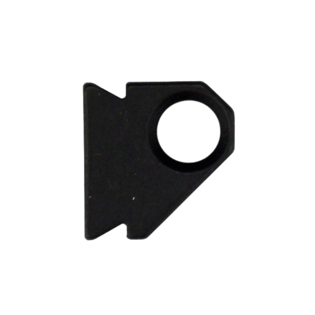 The FRONT SWIVEL EVO is a black metal object with an irregular shape, featuring a prominent circular hole near the right side and a protruding triangular section on the left. Its front showcases a smooth surface, characteristic of its EVO design, with onl