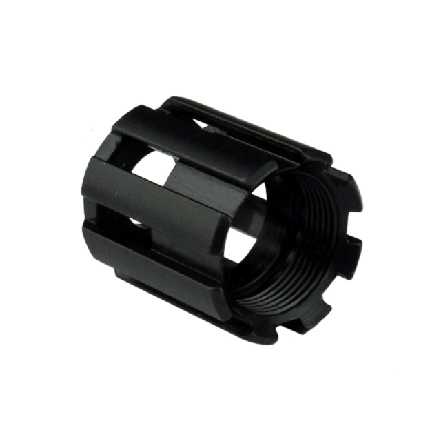 The COMPENSATOR EVO, a stylish black cylindrical mechanical component, features threaded grooves both inside and out, complemented by vertical cutouts along its sides.