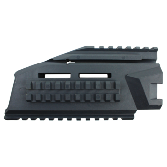 Close-up of the HANDGUARD PISTOL EVO GREY, a tactical accessory made from black plastic with Picatinny rails for various attachments. It includes multiple grooves and slots for mounting accessories and showcases a rugged, angular design similar to the sle