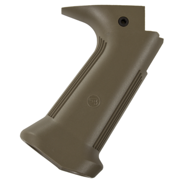 The PISTOL GRIP EVO FDE is designed with ergonomic grooves for improved handling, featuring a small logo in the center and a screw hole positioned near the top.