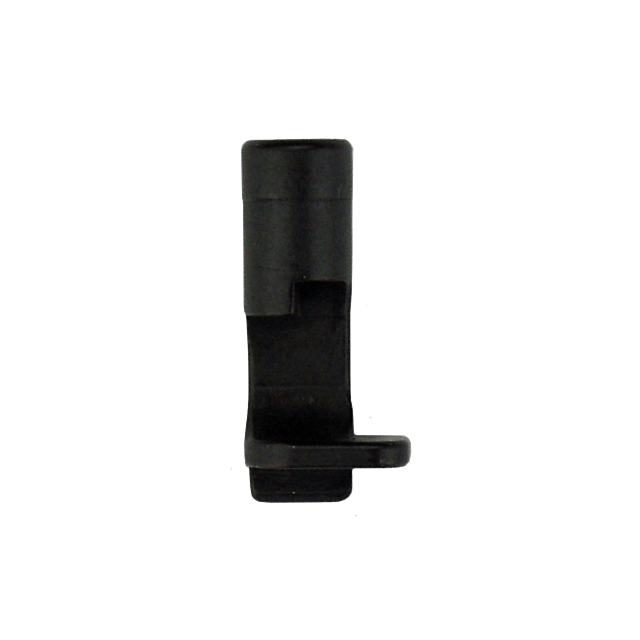 The STRIKER BLOCK EVO is a black, plastic L-shaped clip with a flat base and cylindrical design, expertly crafted for securing or locking components in place.