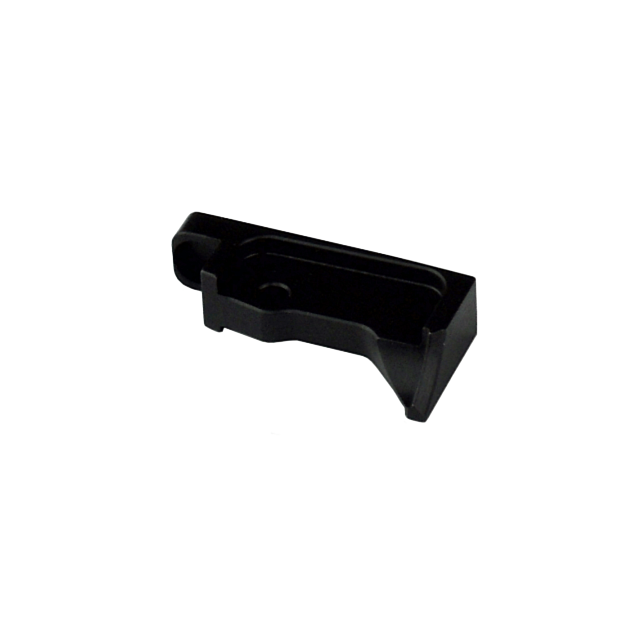 Introducing the EXTRACTOR EVO: Crafted from black plastic, this component boasts a rectangular base with multiple cutouts and a rounded hole near the top. Its angular design suggests its function in mechanical or electronic applications, making it ideal f