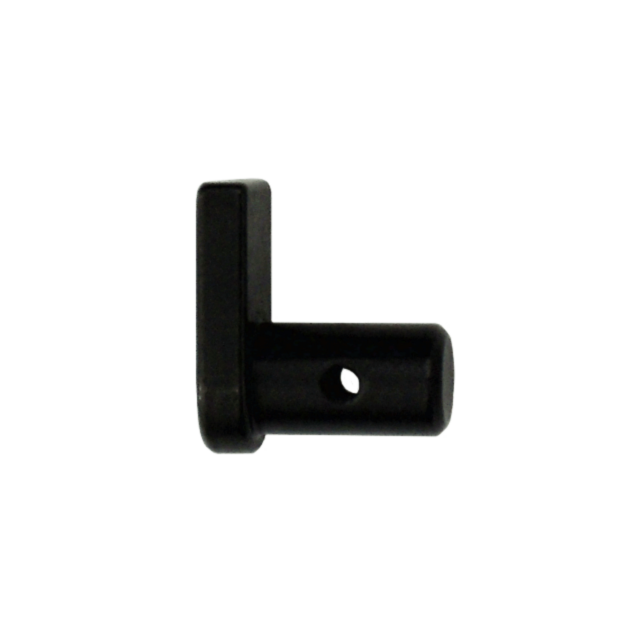 A sleek, black FRONT LOCKING STUD EVO featuring an L-shaped design with a cylindrical end and a flat, rectangular top that has a small circular indentation on the side. This minimalist product is elegantly set against a white background.