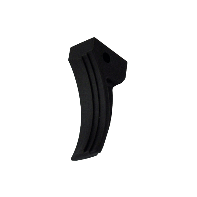 The object, isolated on a white background, is a black TRIGGER EVO featuring a curved design, ribbed texture, and a hole near the top.