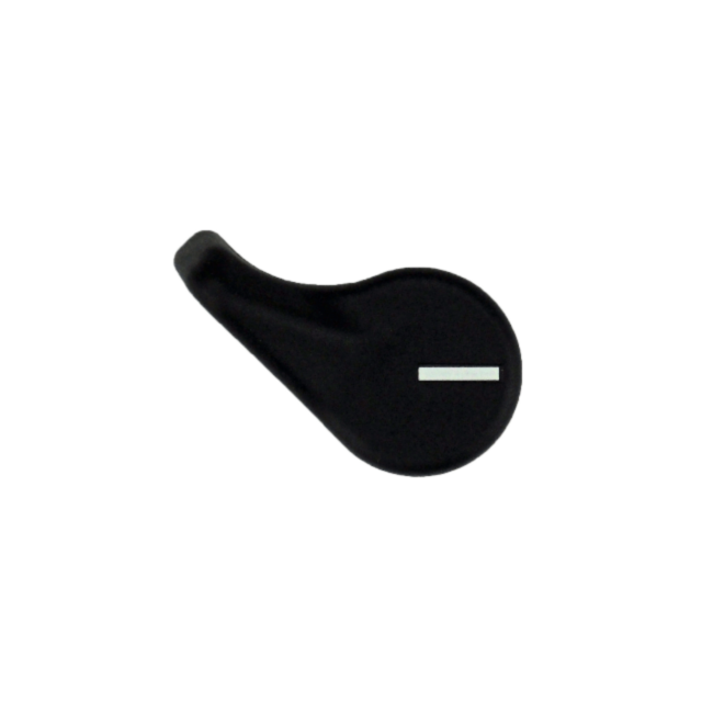 Introducing the RIGHT FIRE MODE LEVER EVO—a black knob featuring a white horizontal line marking, designed for control adjustments on appliances or electronics. Its streamlined and ergonomic shape is reminiscent of a precision-designed fire mode lever.