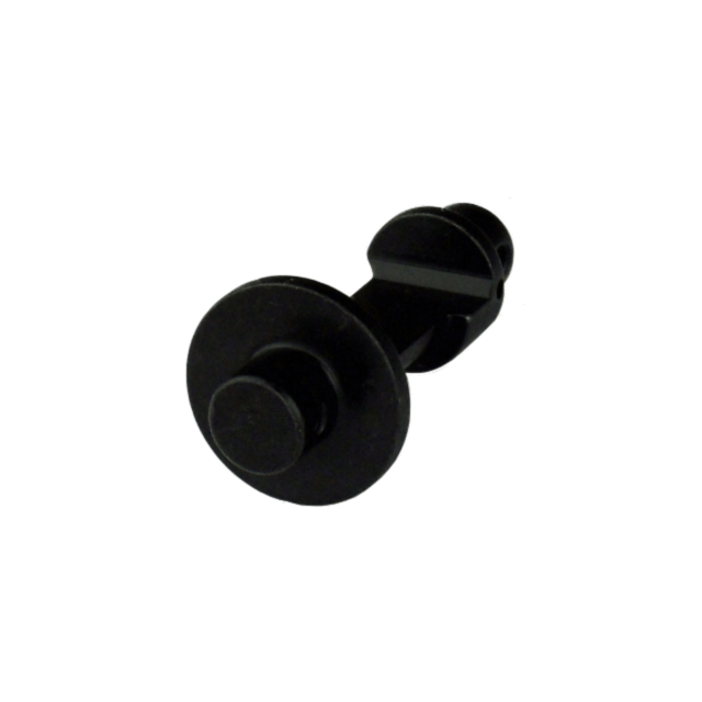The SAFETY PLUG EVO, a black fastener with a circular head and notched shaft, designed for automotive or mechanical applications to ensure electrical safety, is depicted against a white background.