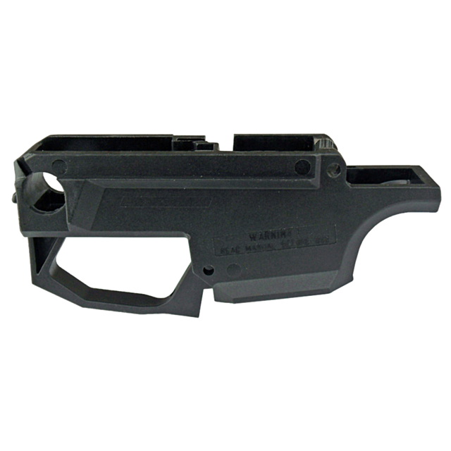 A TRIGGER UNIT CASING EVO BLACK, crafted from black plastic and featuring visible cutouts and angles, is displayed on a white background. The design elegantly integrates the lower receiver of a gun.