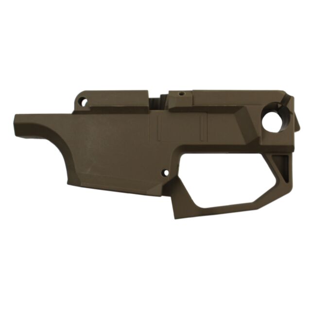 A close-up of a brown metal frame component, identified as a TRIGGER UNIT CASING EVO FDE, showcasing various angles and cutouts. It includes multiple mounting points and features an angular geometric design indicative of being part of a mechanical or stru