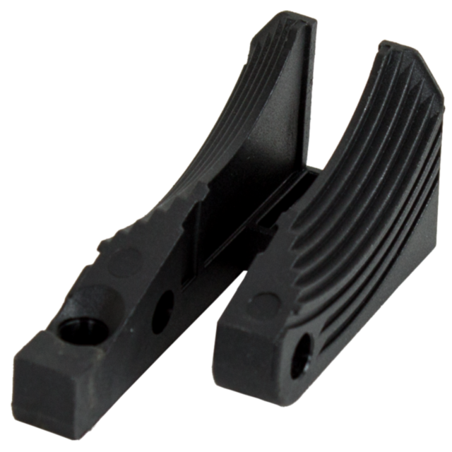 Two black, curved handles from the MAGAZINE CATCH EVO with grooved surfaces positioned next to each other. They include a hinge mechanism at the top and holes at each end, potentially for assembly or attachment.