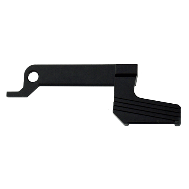 The SLIDE RELEASE EVO is a black metal component with a flat, elongated shape, featuring a hook-like end on the left and a ribbed texture on the right. It resembles a mechanical lever or tool and serves as an efficient slide release in various application