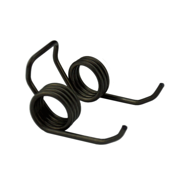 The HAMMER SPRING EVO is a metal torsion spring featuring two coiled sections with straight arms extending outward. Its coils are tightly wound and placed side by side.