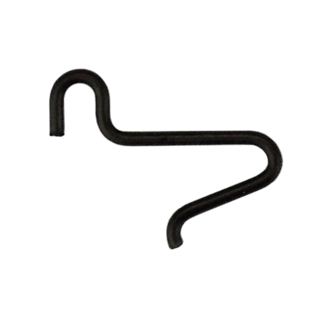 A black, bent metal clip featuring a loop on one side and a hook on the other resembles an abstract, angular figure, much like the precision found in a COCKING HANDLE SPRING EVO.