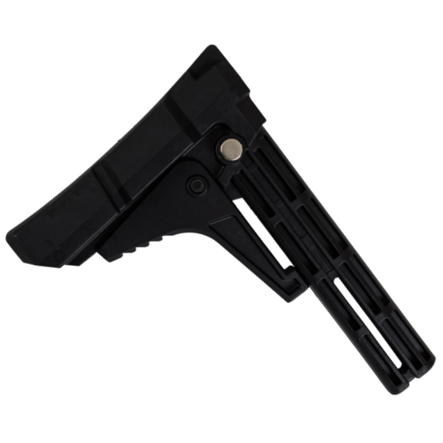 The CZUB SCORPION EVO BUTT STOCK BLACK is a precisely designed, adjustable rifle stock for the Scorpion EVO. It features a textured grip and locking mechanism, and its sleek, angular shape is enhanced with multiple ridges and lines for ergonomic support,
