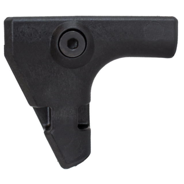 The HAND STOP EVO is a black, L-shaped plastic accessory with a round protrusion on top that functions as a tactical grip. It has a textured surface and includes a small notch at the bottom, making it an effective handguard component with both mechanical