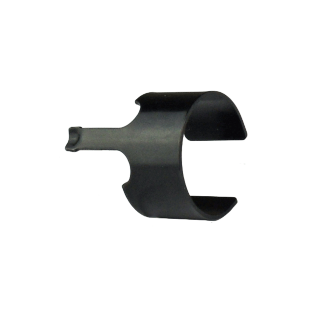 The COMPENSATOR CATCH EVO is a black, metallic clamp featuring a cylindrical sleeve and flat handle, engineered for securing or holding cylindrical objects. Its design incorporates EVO technology, with the open end positioned on the right and the handle e