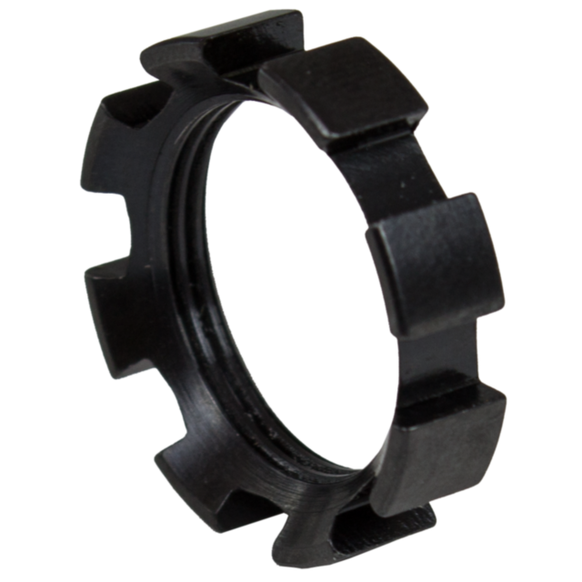 The SHORT THREAD PROTECTOR 18X1 EVO is a black, six-sided bicycle cassette lockring tool designed with notched edges for enhanced gripping, making it perfect for maintenance or repair. Its angled construction showcases its cylindrical shape and grooves, g