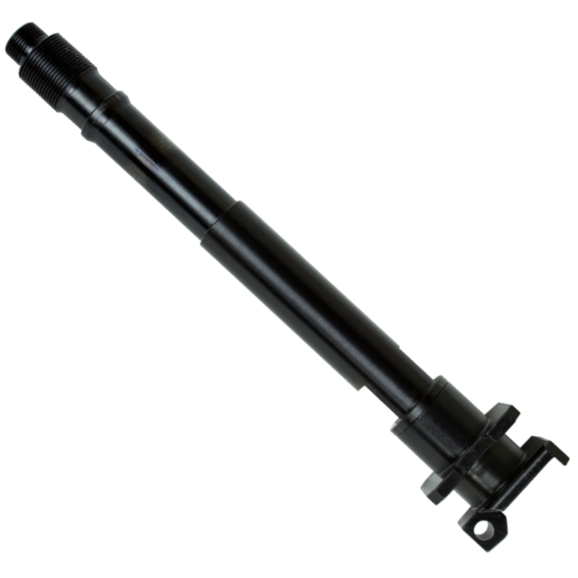 Displayed against a white backdrop, the black cylindrical metal object with threaded ends evokes the precision of an industrial component. Its design closely resembles the PISTOL BARREL 7.72" EVO, combining functionality with sleek engineering aesthetics.
