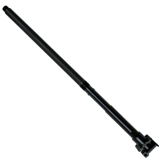 A CARBINE BARREL 16.2" EVO, featuring a black cylindrical design with a chamber and gas port, is positioned diagonally on a pristine white background.