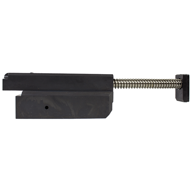 The SLIDE EVO is a precision-engineered machine component made of black metal, featuring a rectangular base and a horizontally extending threaded rod. This linear actuator or similar mechanical part is crucial for use in sophisticated equipment and machin
