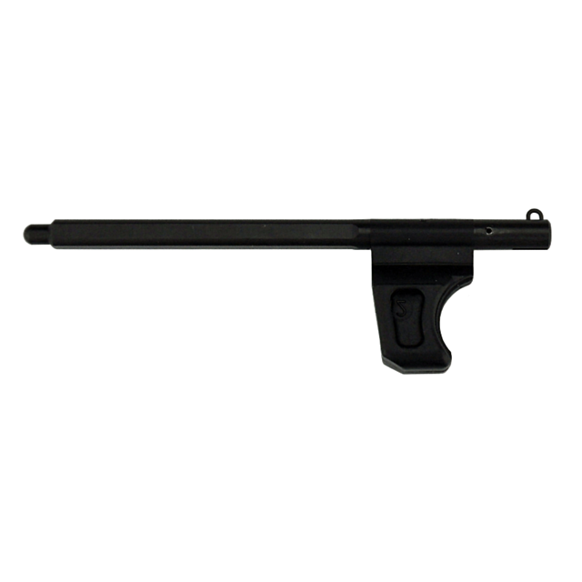 The COCKING HANDLE ASSEMBLY EVO is a black, elongated barrel component for a firearm, featuring a rectangular mounting bracket and a small loop at the end. Its sleek and minimalistic design is free of visible markings or branding.