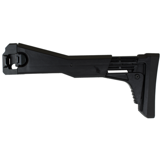 The EVO STOCK COMPLETE is an adjustable black rifle stock featuring a textured butt plate and locking mechanism, shown in side profile on a transparent background.